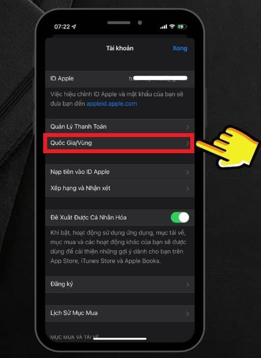 Country or Region menu within the Apple ID settings